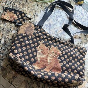 Charming Kitten Print Tote Bag with Pouch